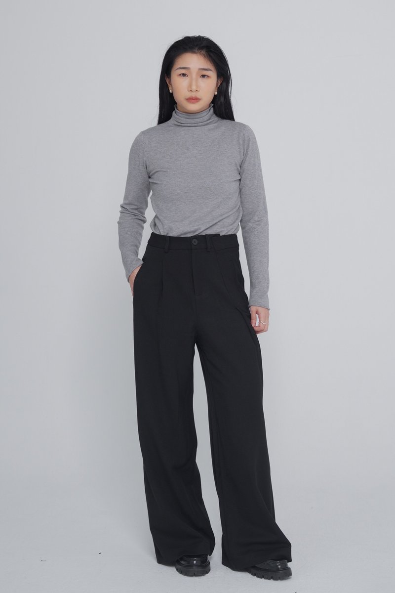 不對稱雙摺西裝寬褲 - 黑 - 女長褲 - 棉．麻 黑色
