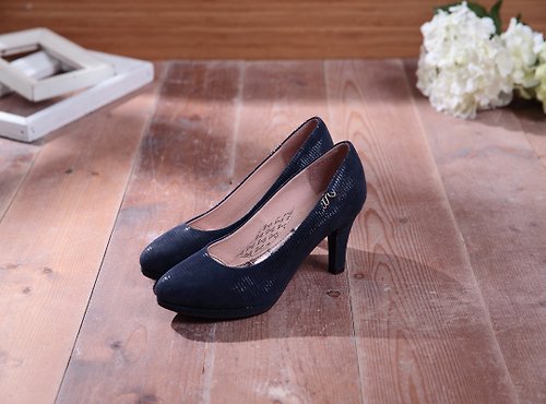 Marconzone 瑪康澤 -精品手工鞋 Bella-品牌藍黑-壓紋羊皮微尖頭真皮高跟鞋