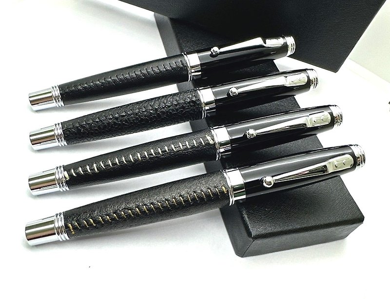 Genuine leather pen hand-stitched black cowhide + black gold and white thread unique new display German Schmidt - Rollerball Pens - Genuine Leather 