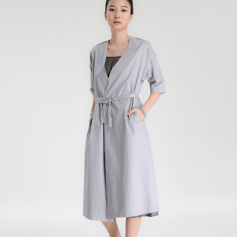 不服 灰色棉質中袖洋裝長袍茶服禪服裙子開衫兩穿 D170217 - 洋裝/連身裙 - 紙 灰色