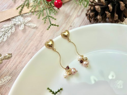 formica accessory 愛心耳針式耳環 紅石榴石 A級淡水珍珠耳環 天然A級淡水珍珠