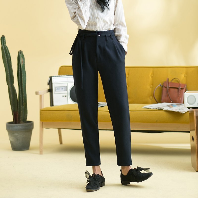 Annie Chen 2018 spring and summer new literary women's wear belt solid color feet long pants - กางเกงขายาว - ผ้าฝ้าย/ผ้าลินิน สีดำ