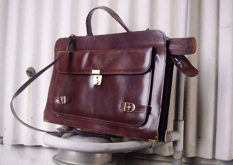 4.5studio- Nordic ancient antique bag - burgundy rim shoulder briefcase - กระเป๋าแมสเซนเจอร์ - หนังแท้ สีแดง