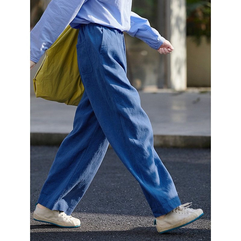 Tuareq blue twill Linen simple loose wide-leg straight trousers - กางเกงขายาว - ผ้าฝ้าย/ผ้าลินิน 