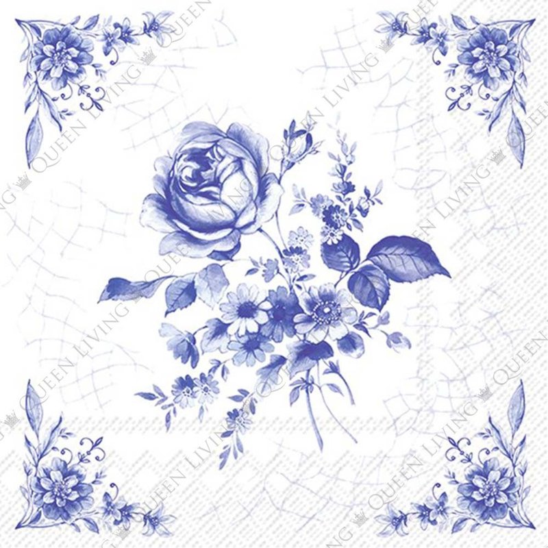 German IHR-25*25cm napkin-blue and white roses on tiles - Place Mats & Dining Décor - Paper Multicolor