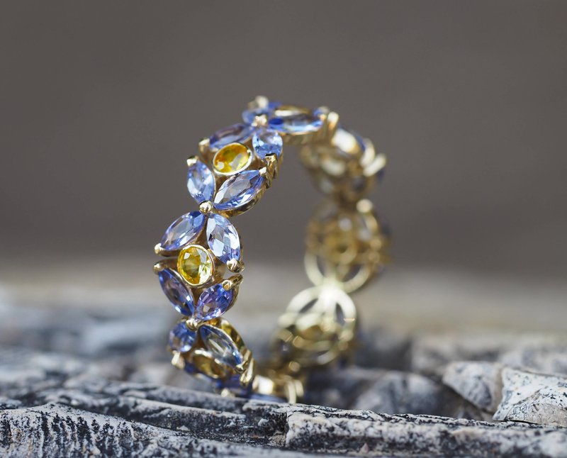 Eternity ring with sapphires and tanzanites - 戒指 - 貴金屬 金色