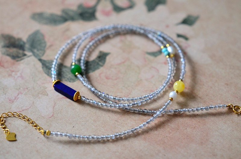 Natural gray moonlight with lapis lazuli Wax turquoise clavicle chain necklace multi-circle bracelet - Necklaces - Crystal 