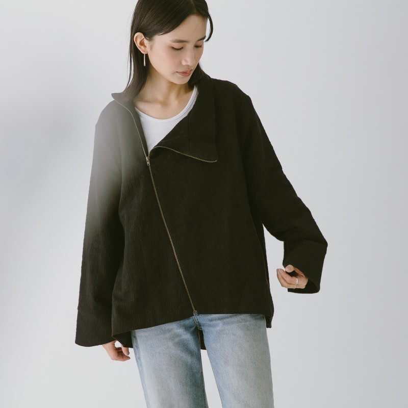 Stand collar diagonal zipper jacket - black - เสื้อแจ็คเก็ต - ผ้าฝ้าย/ผ้าลินิน สีดำ