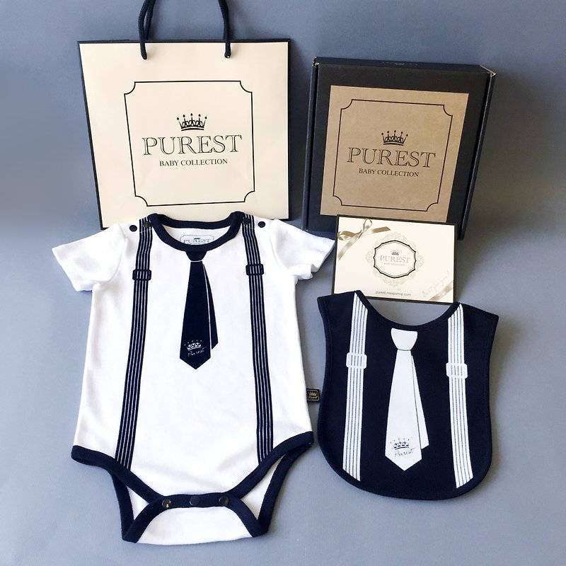 PUREST 小紳士 領帶 短袖 寶寶彌月禮盒組 嬰兒 新生兒 送禮推薦 - 滿月禮物 - 棉．麻 