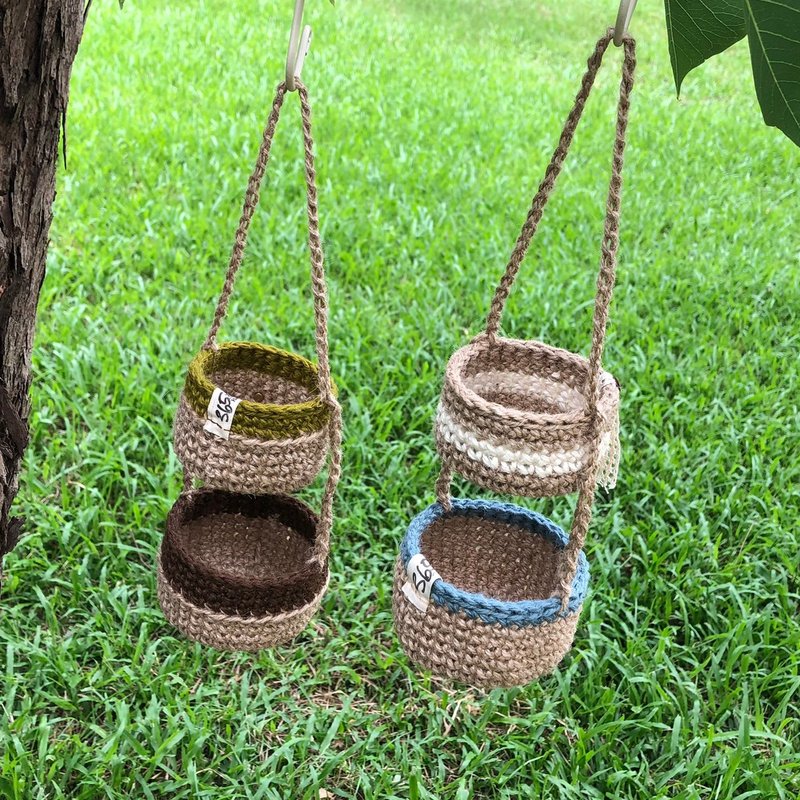 Crochet craft. Linen Double Layer Hanging Basket - Storage - Cotton & Hemp Brown