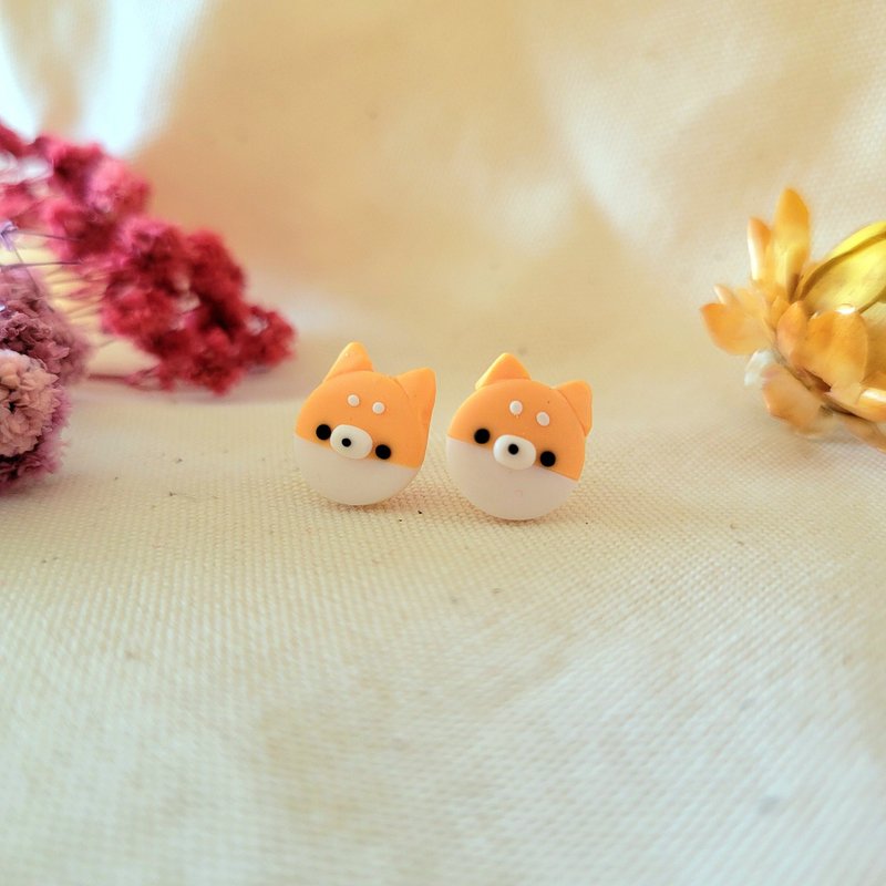 Purely handmade soft clay jewelry, cute Shiba Inu earrings, Shiba Inu ear needles/ Clip-On - Earrings & Clip-ons - Clay Khaki