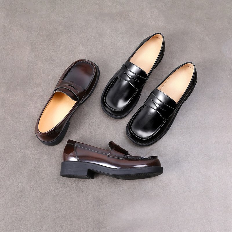 Japanese small leather shoes, work shoes, mid-heel uniform shoes, loafers - Women's Oxford Shoes - Genuine Leather Black