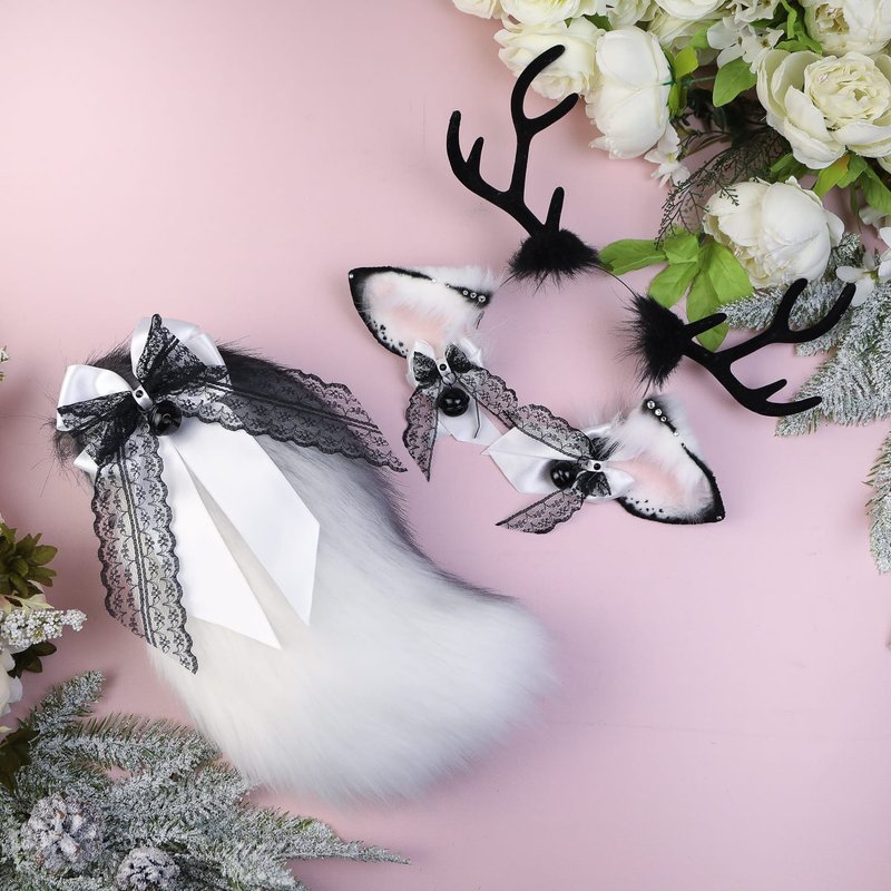 White and Grey Deer Ears and Tail Set - 髮圈/髮夾 - 其他人造纖維 灰色