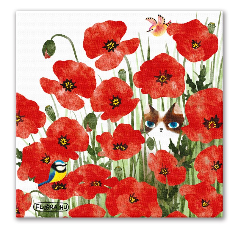 【Flora原創設計】罌粟花喵 | 20×20CM 無框畫 - 海報/掛畫/掛布 - 棉．麻 紅色