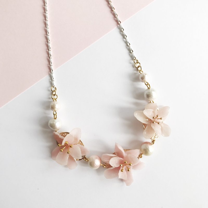 桃花配日本棉花珍珠 立體真花項鍊 - 項鍊 - 植物．花 粉紅色