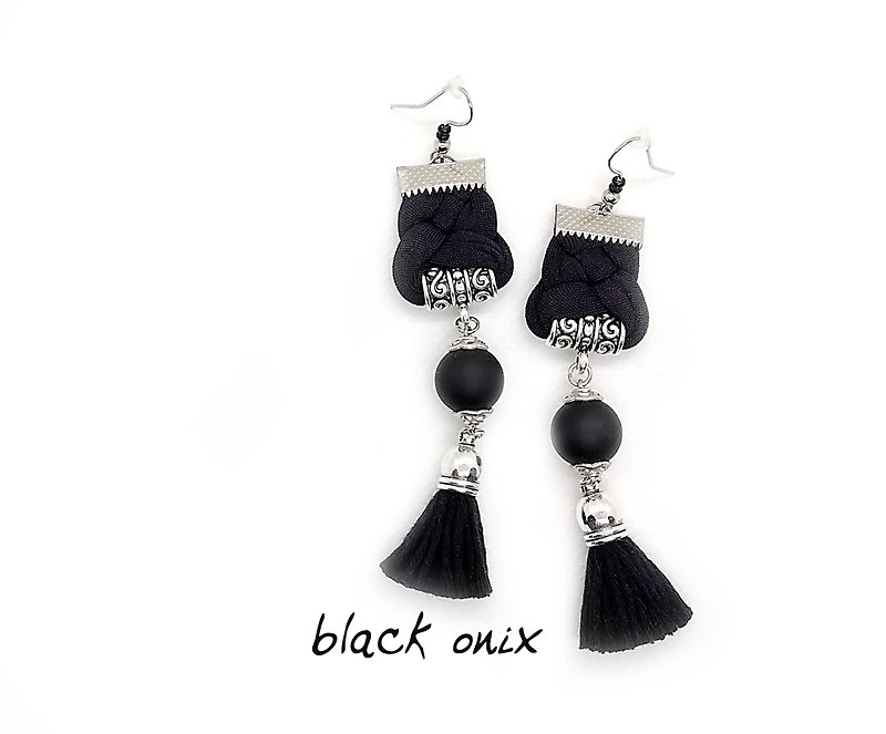 Black Onyx Bohemian Boho Tassel Earrings Fiber Jewelry Anniversary Gift for Her - Earrings & Clip-ons - Gemstone Black