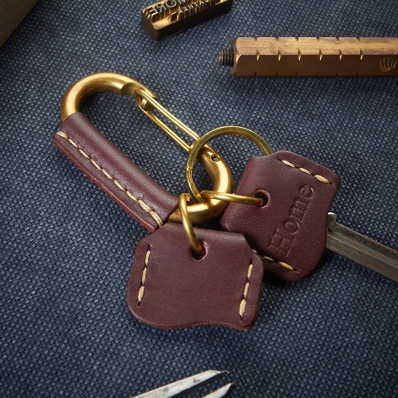帶2個鑰匙蓋的皮革包裹黃銅登山扣 - 鑰匙圈/鑰匙包 - 真皮 咖啡色