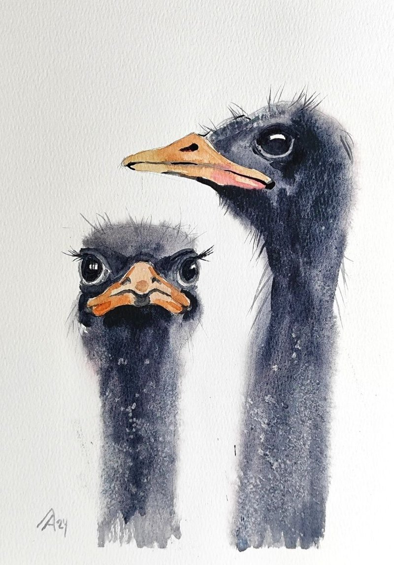 Ostrich painting original watercolor art bird artwork 19,5 by 27 cm - โปสเตอร์ - กระดาษ สีเทา