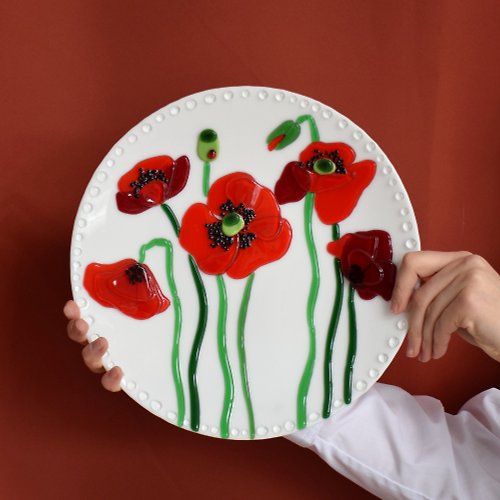 VitrasoleGlass Glass plate with Poppy - Fused glass home decor - Glass dish with red Poppy