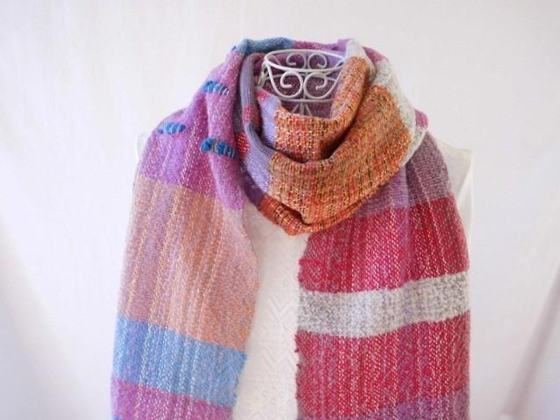 (夕暮れの空)手織りウールのロングストール - スカーフ - コットン・麻 レッド