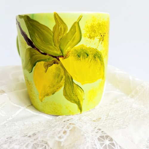 RayLarArt Tea Cup Lemon Original Art Kitchen Design Painting Citrus Fruit Room Decor Art