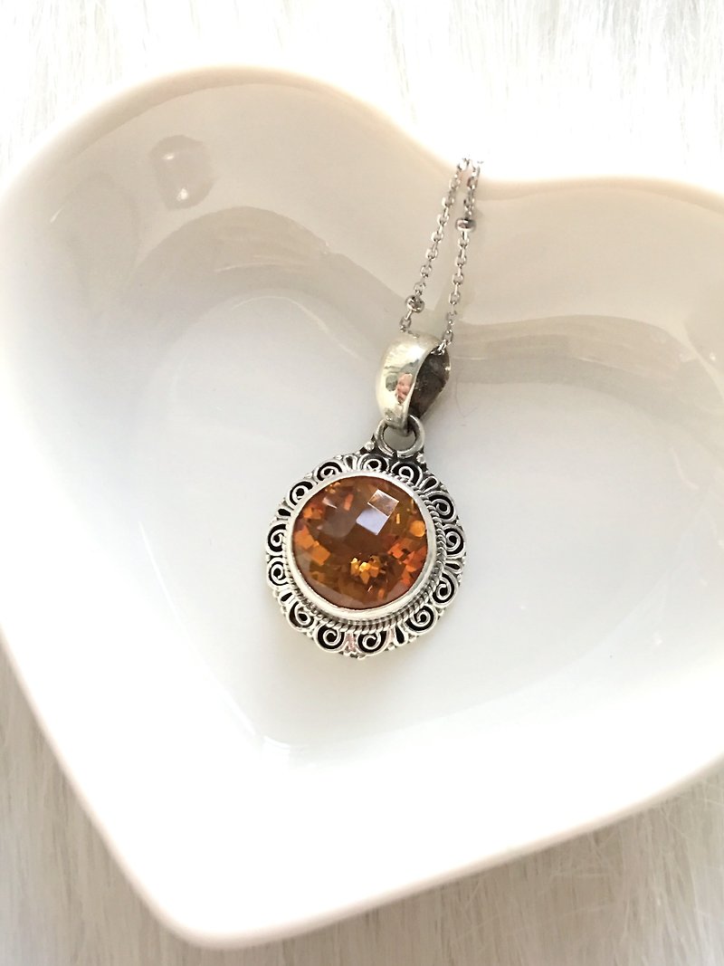 Yellow Topaz 925 sterling silver round vintage lace necklace handmade in Nepal - Necklaces - Gemstone Orange