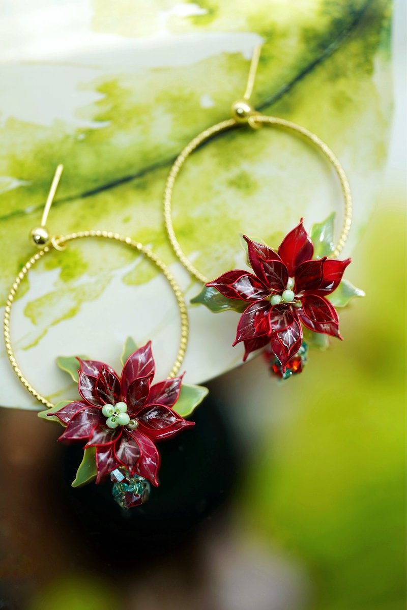 Christmas flower Bronze earrings - Earrings & Clip-ons - Other Metals Red