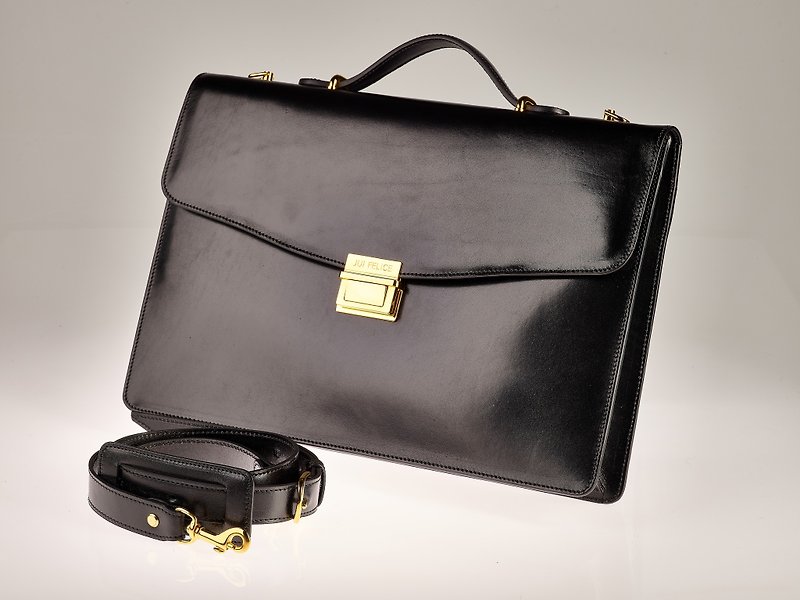 Vegetable-tanned leather briefcase / gold finish brass accessories - กระเป๋าเอกสาร - หนังแท้ สีดำ
