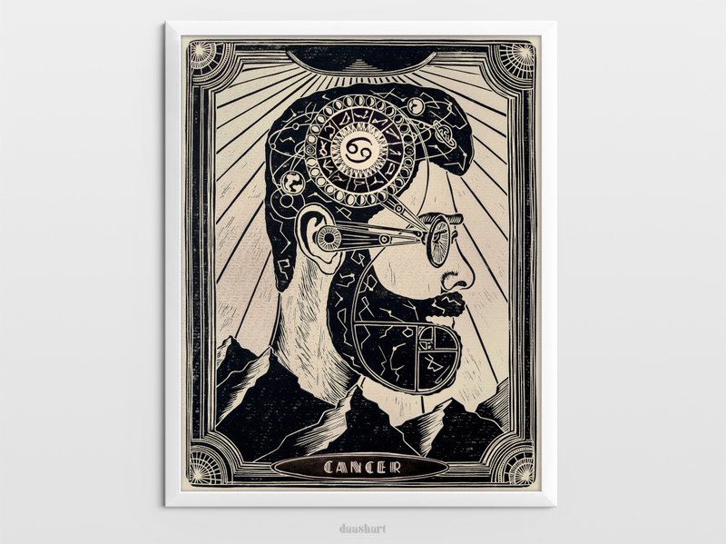 Zodiac sign print Male portrait with moon phases map wall art Linocut print - 海報/掛畫/掛布 - 紙 黑色