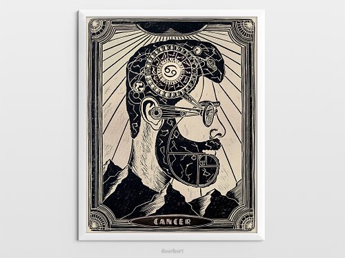 daashart Zodiac sign print Male portrait with moon phases map wall art Linocut print