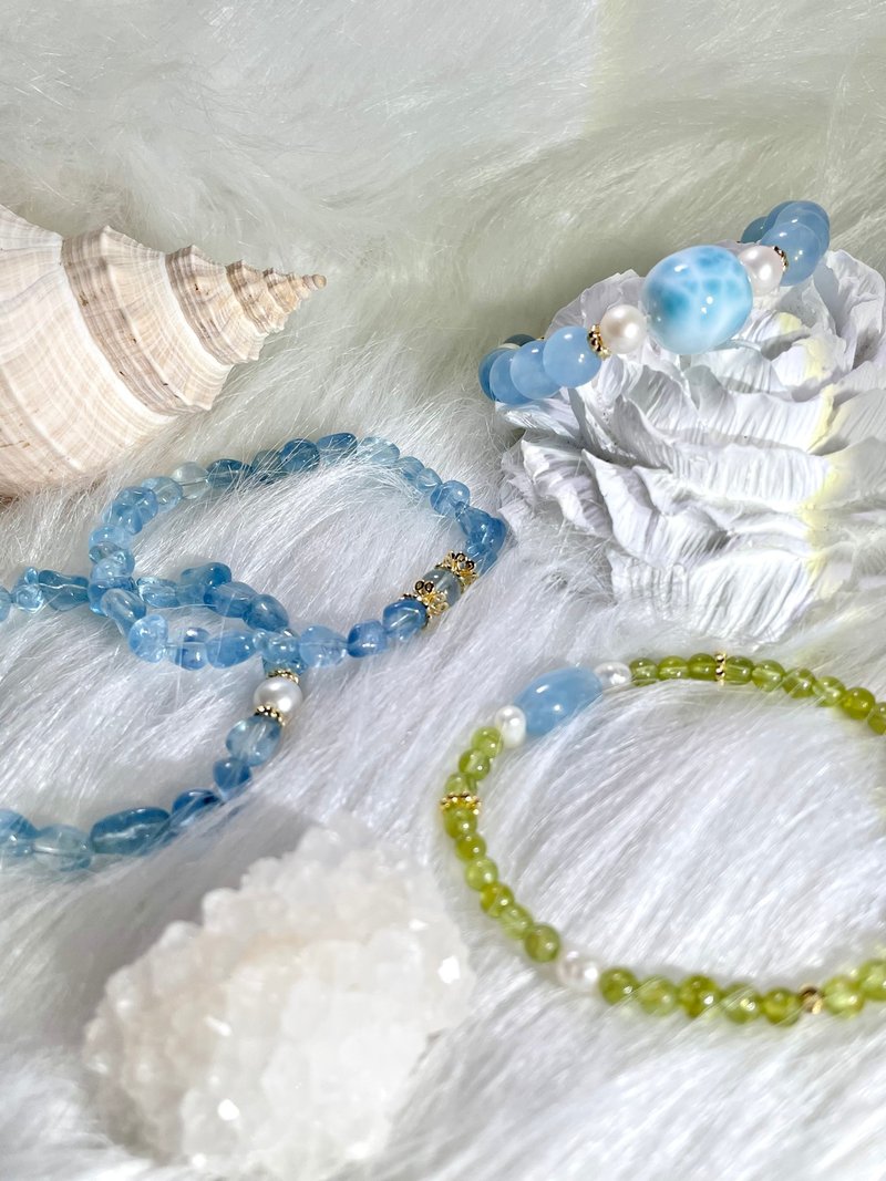 客製化 |夏日海洋.翡翠森林. 海藍寶冰塊 | 海紋石、橄欖石、珍珠 - 手鍊/手環 - 水晶 藍色