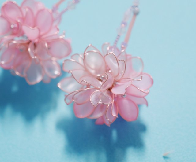 Pair of sakura flower balls - Shop Hanakin Earrings & Clip-ons