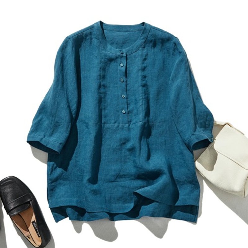 きれい目にもカジュアルにも着こなせる　7分袖ブラウス　リネン100 青　240511-4 - 女上衣/長袖上衣 - 棉．麻 