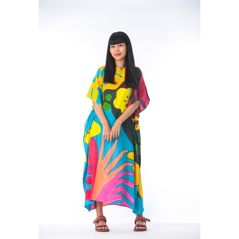 Hand Painted Cotton Silk Kaftan for Summer Resort Vacation Free Size - 洋裝/連身裙 - 棉．麻 綠色
