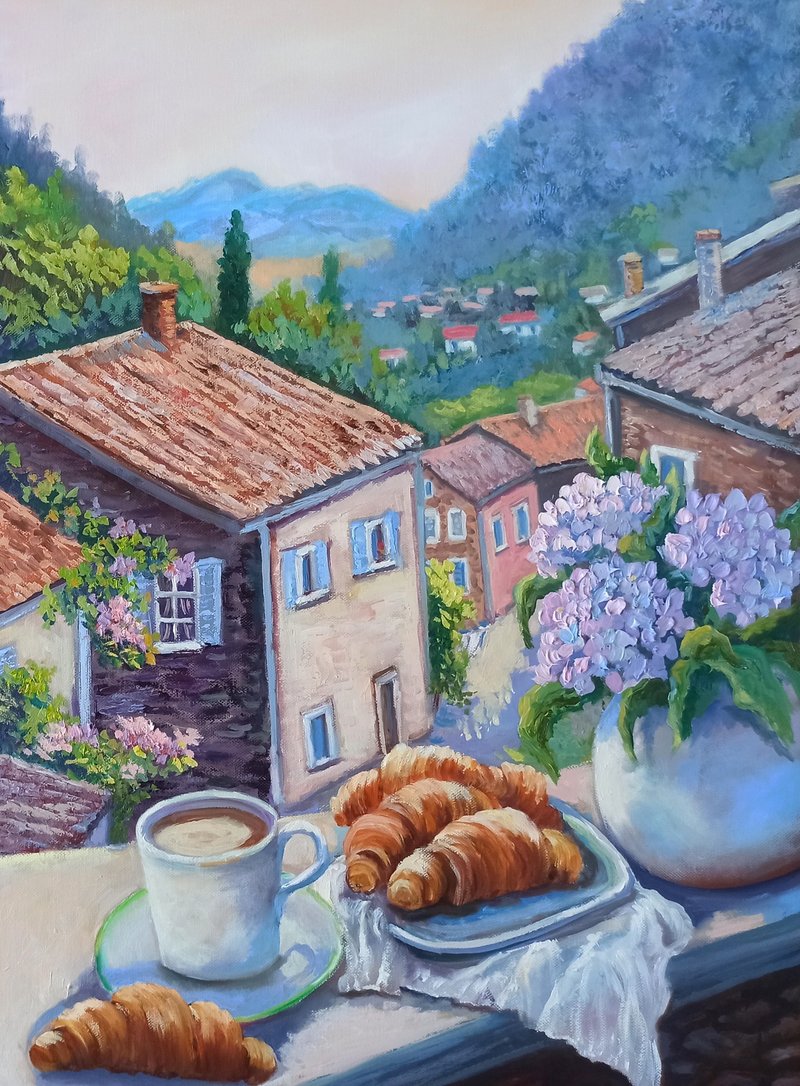 Hydrangeas and Breakfast in an Italian Landscape on Canvas 70x50cm Still Life - 海報/掛畫/掛布 - 其他材質 多色
