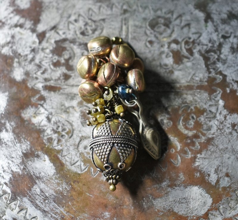 Pendant Top with Turkmen Crafted Beads, Plump Bells, Tourmaline, and Afghan Parts - Necklaces - Other Metals Gold