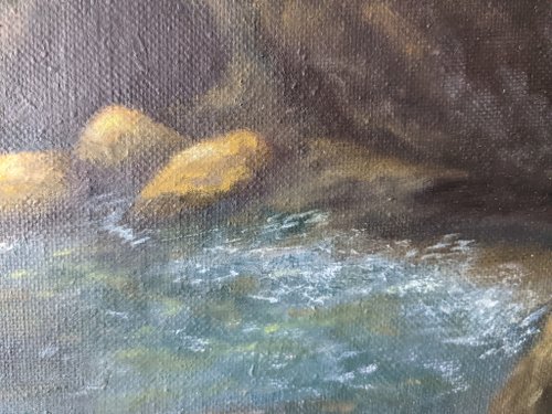油絵 絵画 【岩場の海】 パネルに描かれた海の油絵 ビーチの絵 岩の多い海岸の絵 海の波