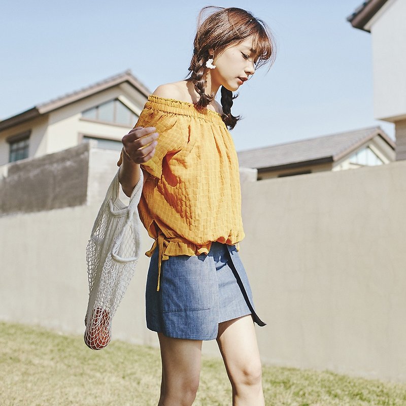 Annie Chen 2017 Miss Xia Zhuang new drawstring hem shirt shirt collar shirt - เสื้อผู้หญิง - เส้นใยสังเคราะห์ สีเหลือง