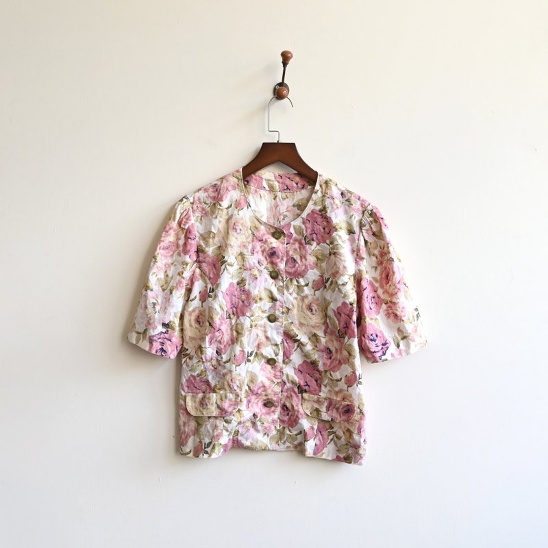 【蛋植物古著】桑田花海印花短袖古著襯衫 - 女襯衫 - 棉．麻 