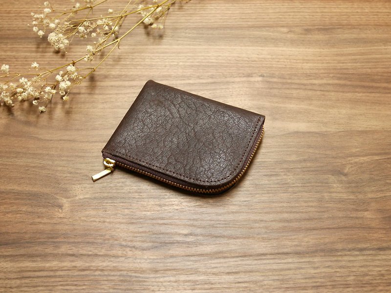 [小瑕疵 welfare products] L-shaped zipper short clip - coffee - Wallets - Genuine Leather Brown