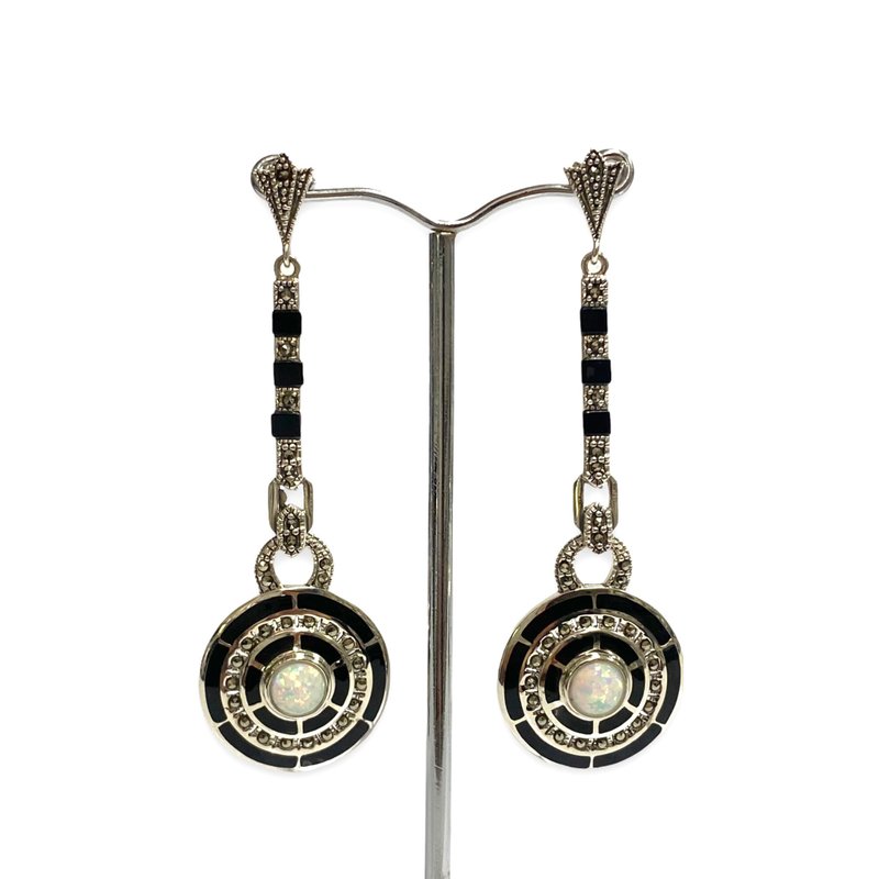 Egyptian Wallace Simpson Black Onyx & Opal Pendant and Earrings Sterling Silver - 耳環/耳夾/耳骨夾 - 純銀 銀色