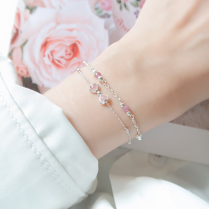 925純銀 雙心 粉水晶  蝴蝶結 客製化刻字 手鍊 免費送禮包裝 - 手鍊/手環 - 純銀 粉紅色