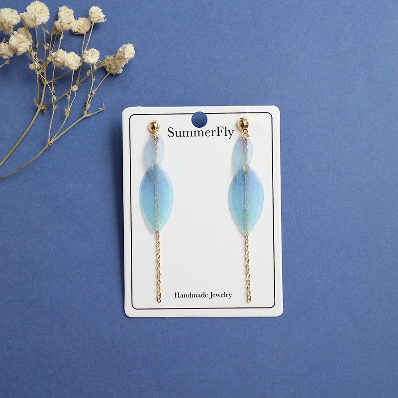 18kgf fabric silk blue leaf petal plant crystal gift dangle drop  long earrings - Earrings & Clip-ons - Plants & Flowers Blue