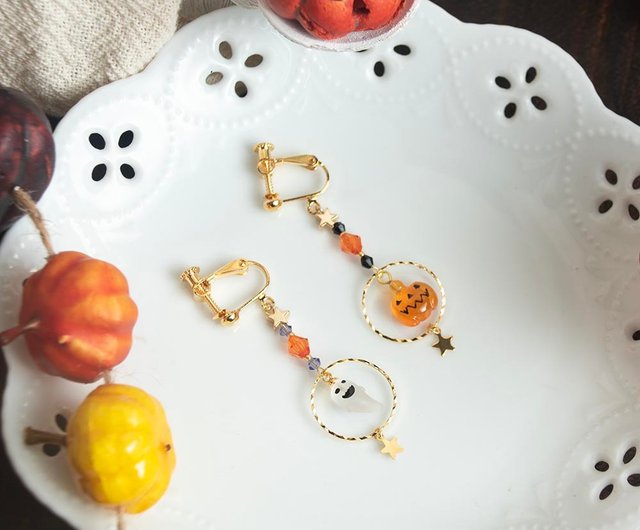 No.616-A　ハロウィン☆ゴーストとかぼちゃ☆レジンピアス・イヤリング ハロウィン かぼちゃ＆黒猫 ハンドメイド イヤリング・ピアス
