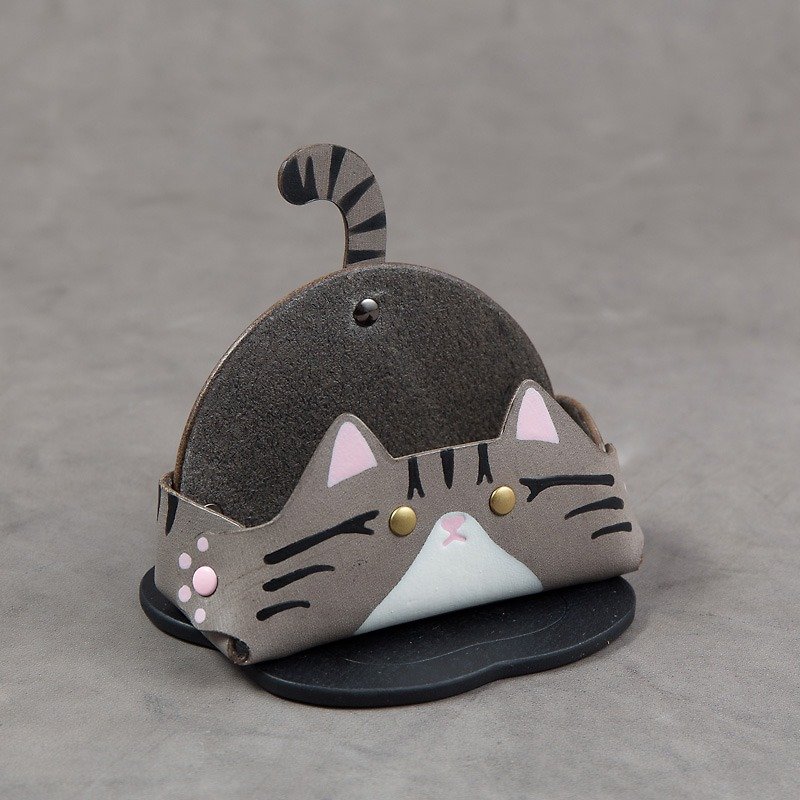 Business card holder mobile phone holder (wide-grey tabby cat) - แฟ้ม - หนังแท้ สีเทา
