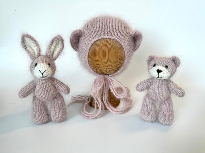Newborn photo prop set angora teddy bear, bonnet, bunny - 嬰兒手鍊/飾品 - 羊毛 
