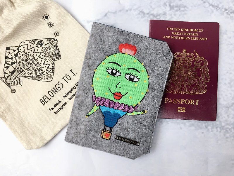 J. Illustrator Xに刺繍されたパスポートケース/パスポートクランプ - ミサイルバルーンサボテン - パスポートケース - 刺しゅう糸 グレー