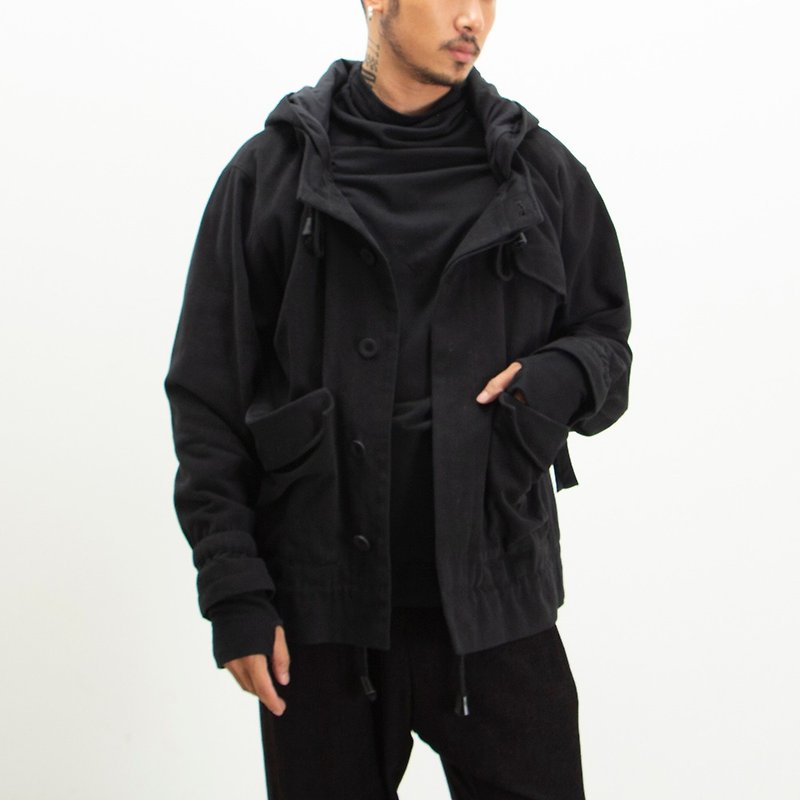 Japanese retro wash and old drawstring hooded jacket tooling short jacket - เสื้อโค้ทผู้ชาย - ผ้าฝ้าย/ผ้าลินิน สีดำ
