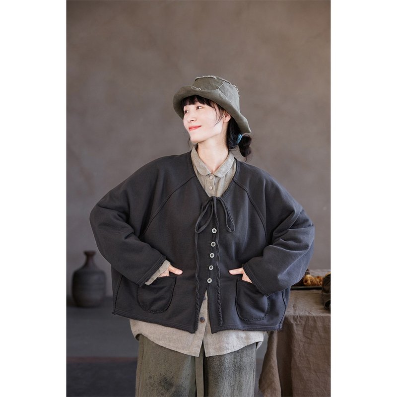 三季款儒雅灰鬆弛百搭針織V領開衫 - 女毛衣/針織衫 - 棉．麻 