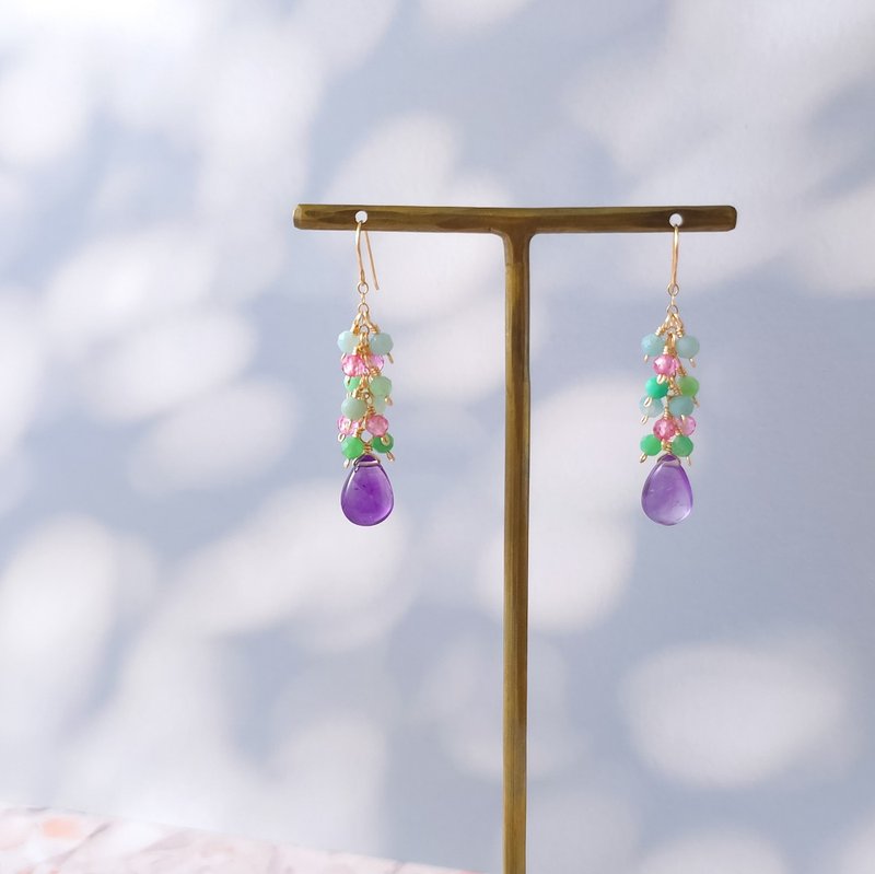 14k gold filled amethyst, amazonite, pink topaz and chrysoprase pierced Clip-On - ต่างหู - เครื่องประดับพลอย สีม่วง